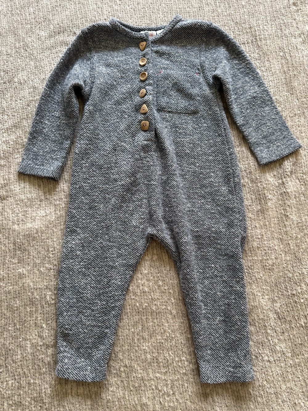 Zara Baby Knit Jumpsuit Blue Marled Button Front 9-12 Months Cozy One Piece